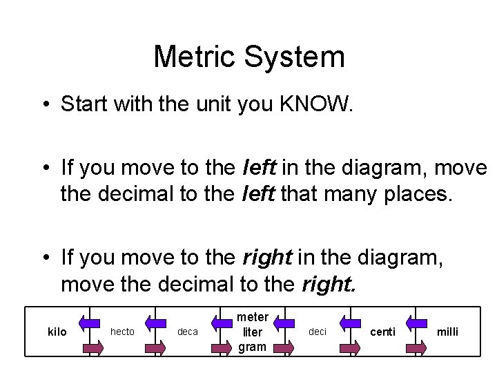 Metric System • Start with the unit you KNOW. • If you move to