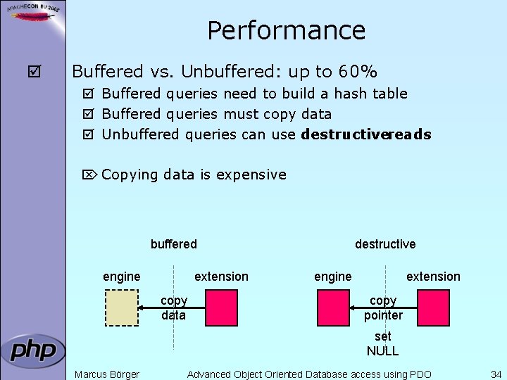 Performance þ Buffered vs. Unbuffered: up to 60% þ Buffered queries need to build