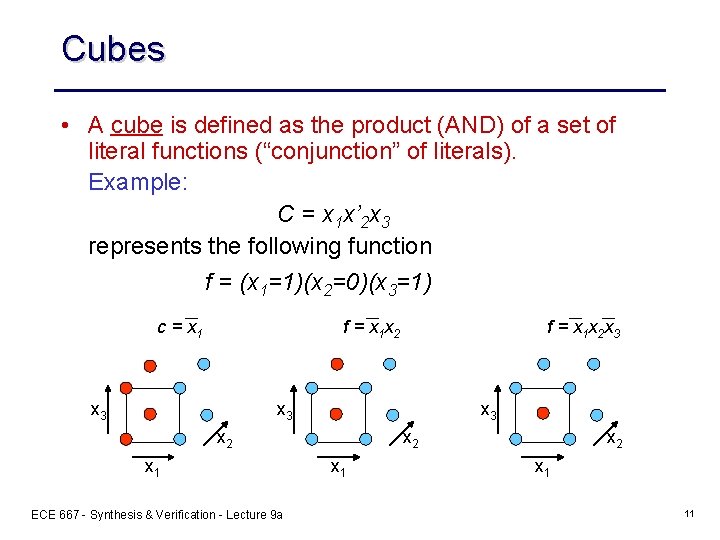 Cubes • A cube is defined as the product (AND) of a set of