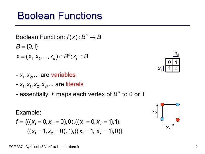 Boolean Functions x 2 x 1 ECE 667 - Synthesis & Verification - Lecture