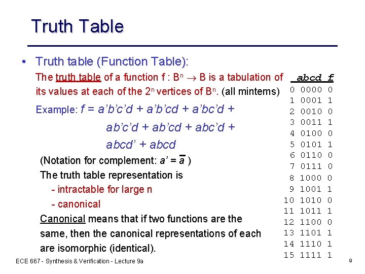 Truth Table • Truth table (Function Table): The truth table of a function f