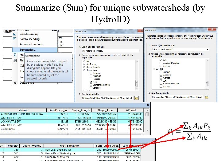 Summarize (Sum) for unique subwatersheds (by Hydro. ID) 