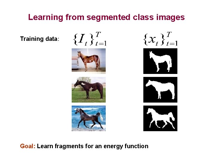 Learning from segmented class images Training data: Goal: Learn fragments for an energy function