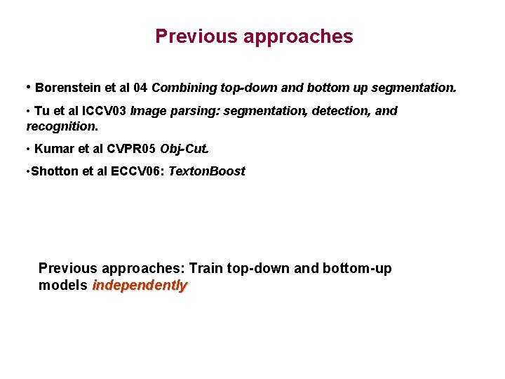 Previous approaches • Borenstein et al 04 Combining top-down and bottom up segmentation. •