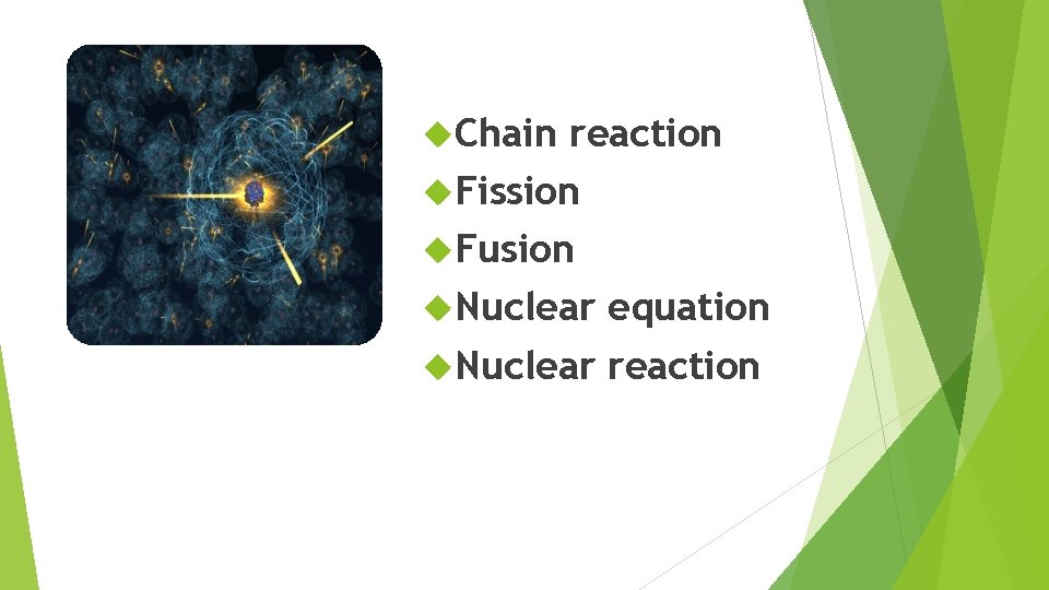  Chain VOCABULARY reaction Fission Fusion Nuclear equation Nuclear reaction 