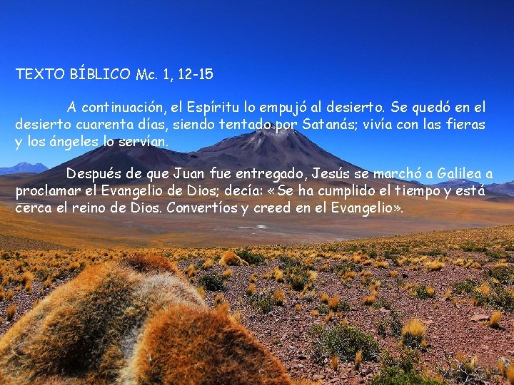 TEXTO BÍBLICO Mc. 1, 12 -15 A continuación, el Espíritu lo empujó al desierto.