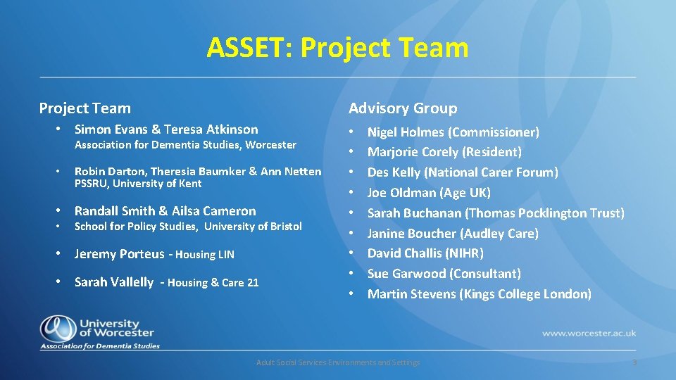 ASSET: Project Team Advisory Group • Simon Evans & Teresa Atkinson Association for Dementia