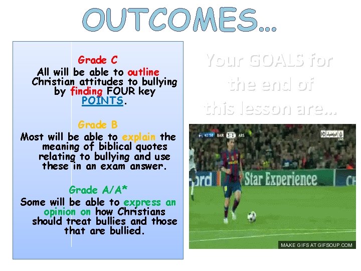 OUTCOMES… Grade C All will be able to outline Christian attitudes to bullying by