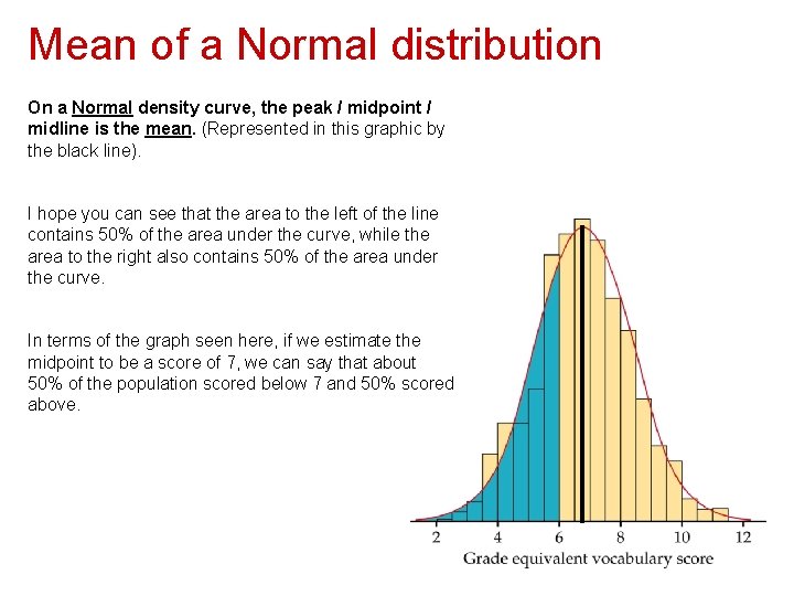 Mean of a Normal distribution On a Normal density curve, the peak / midpoint