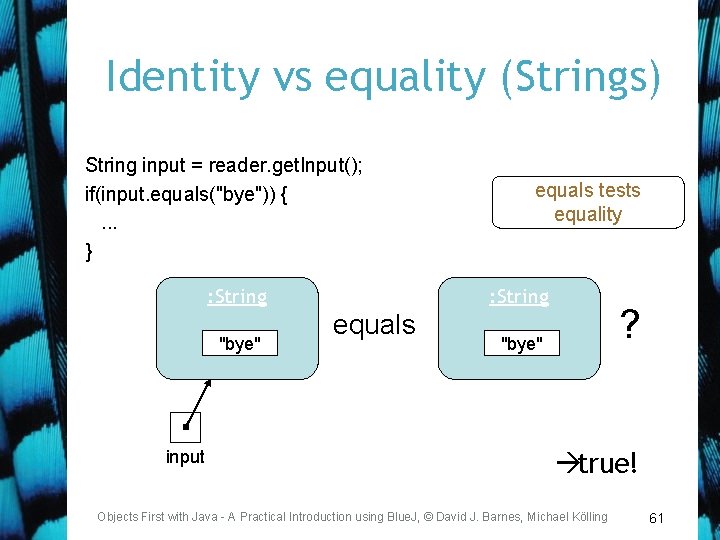 Identity vs equality (Strings) String input = reader. get. Input(); if(input. equals("bye")) {. .