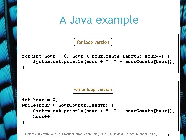 A Java example for loop version for(int hour = 0; hour < hour. Counts.