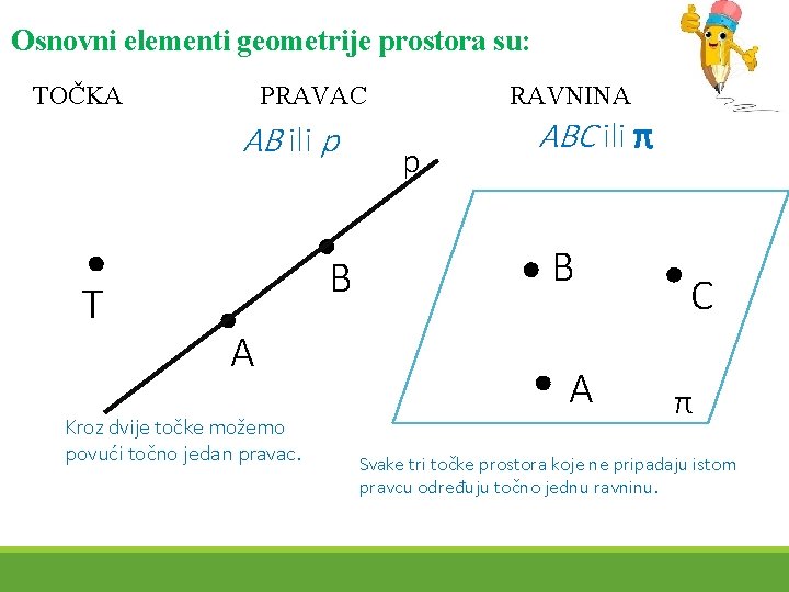 Osnovni elementi geometrije prostora su: TOČKA PRAVAC AB ili p T B A Kroz