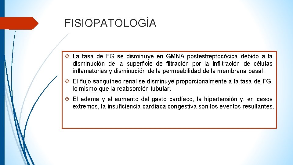 FISIOPATOLOGÍA La tasa de FG se disminuye en GMNA postestreptocócica debido a la disminución