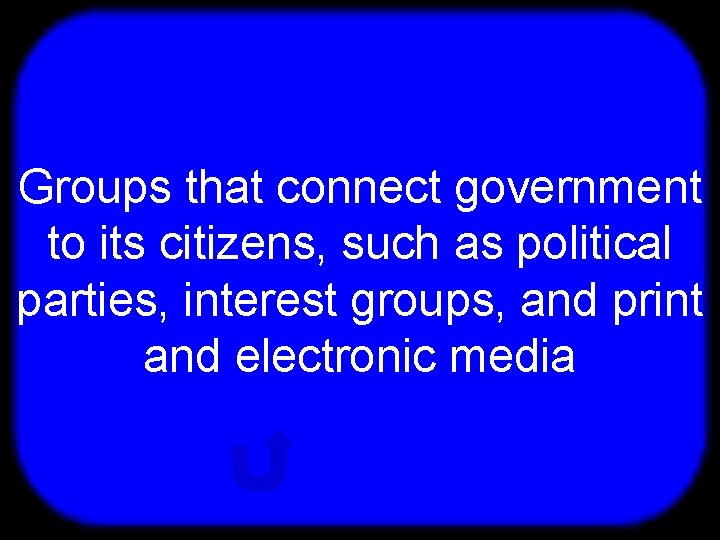 T Groups that connect government to its citizens, such as political parties, interest groups,