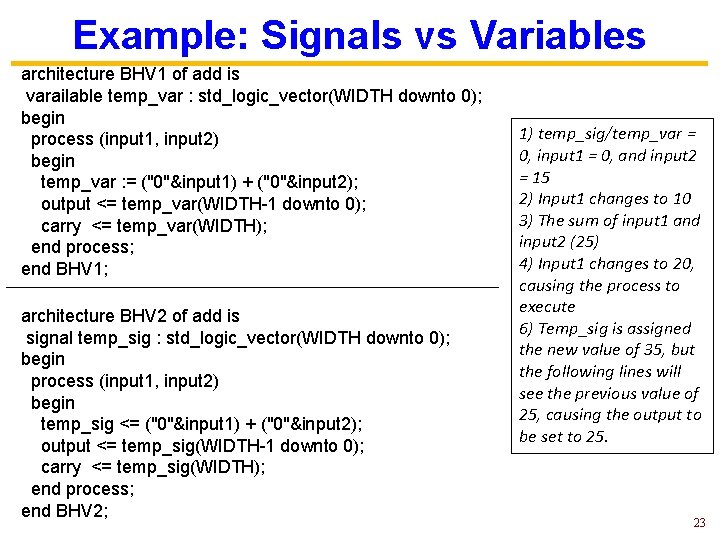 Example: Signals vs Variables architecture BHV 1 of add is varailable temp_var : std_logic_vector(WIDTH
