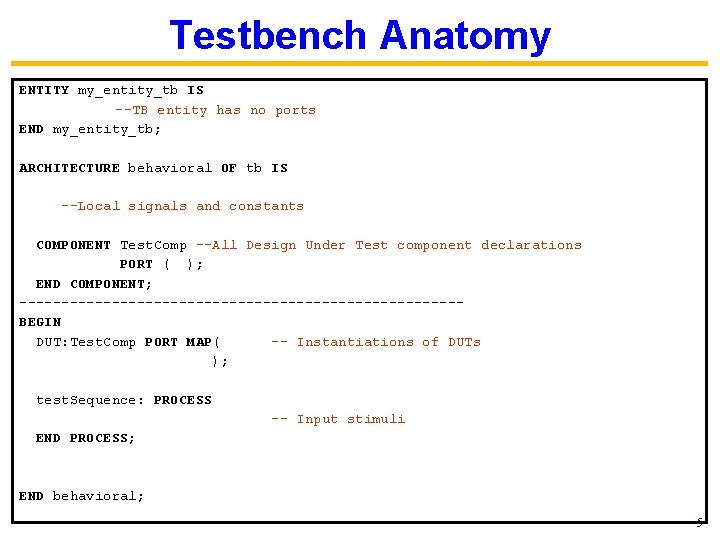 Testbench Anatomy ENTITY my_entity_tb IS --TB entity has no ports END my_entity_tb; ARCHITECTURE behavioral