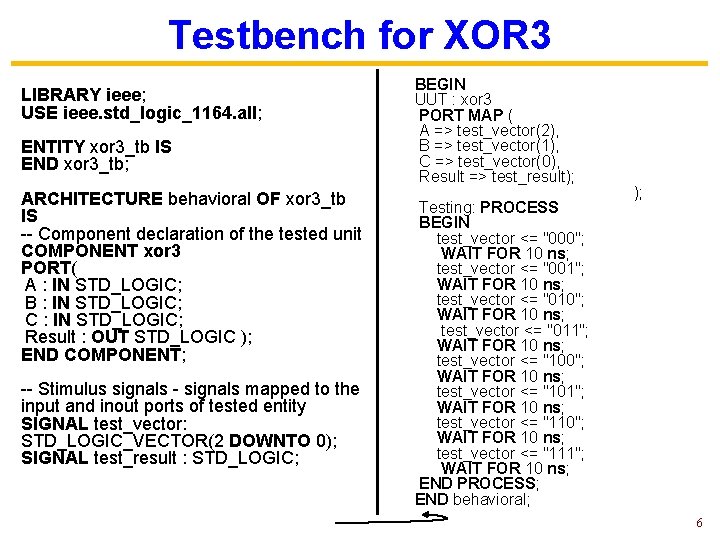 Testbench for XOR 3 LIBRARY ieee; USE ieee. std_logic_1164. all; ENTITY xor 3_tb IS