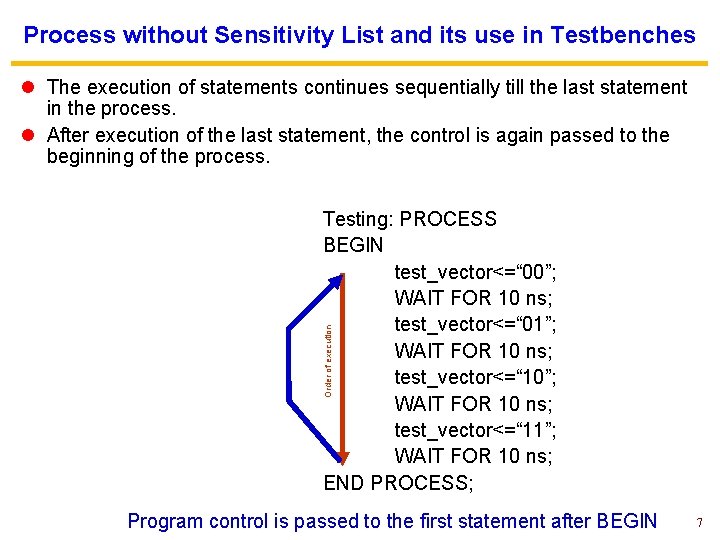 Process without Sensitivity List and its use in Testbenches l The execution of statements