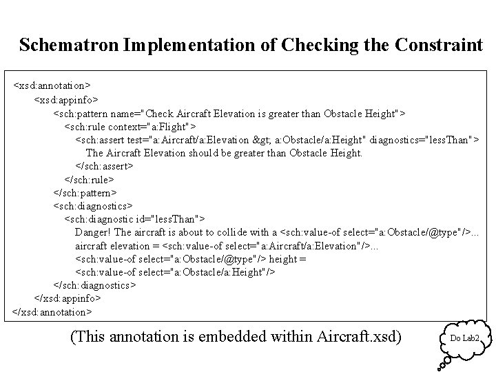 Schematron Implementation of Checking the Constraint <xsd: annotation> <xsd: appinfo> <sch: pattern name="Check Aircraft