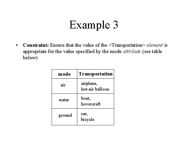 Example 3 • Constraint: Ensure that the value of the <Transportation> element is appropriate