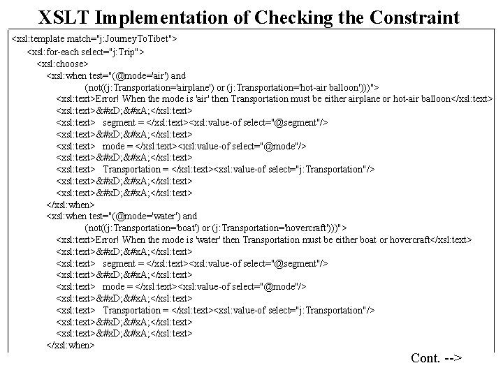 XSLT Implementation of Checking the Constraint <xsl: template match="j: Journey. To. Tibet"> <xsl: for-each