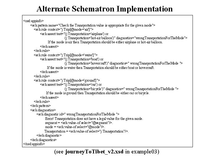 Alternate Schematron Implementation <xsd: appinfo> <sch: pattern name="Check the Transportation value is appropriate for