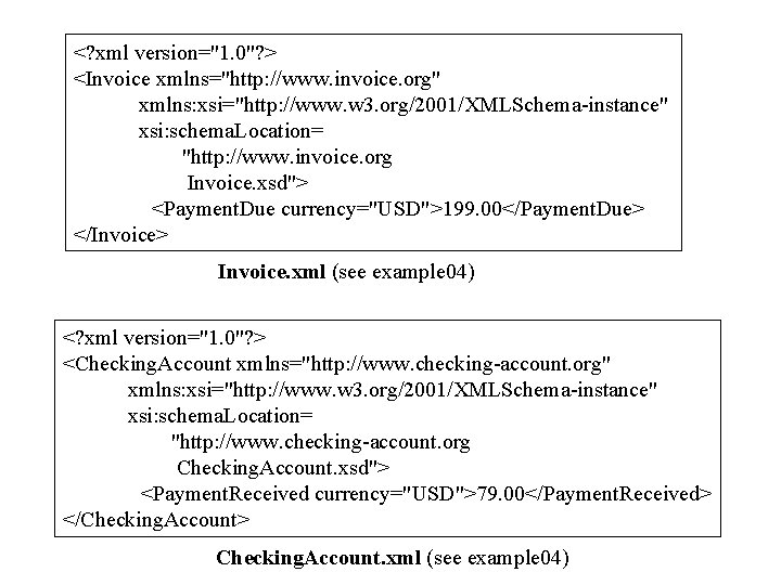 <? xml version="1. 0"? > <Invoice xmlns="http: //www. invoice. org" xmlns: xsi="http: //www. w