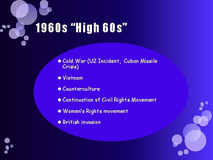 1960 s “High 60 s” Cold War (U 2 Incident, Cuban Missile Crisis) Vietnam
