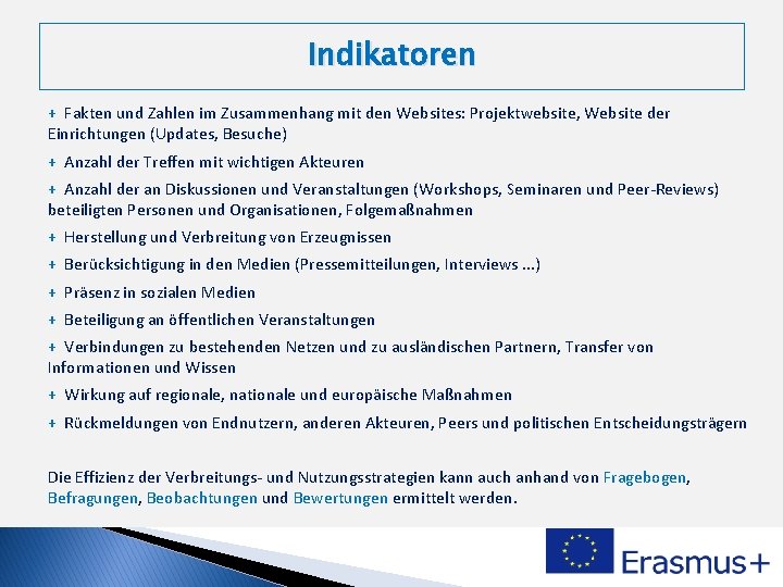 Indikatoren + Fakten und Zahlen im Zusammenhang mit den Websites: Projektwebsite, Website der Einrichtungen