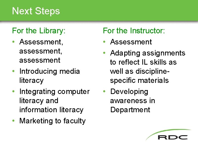 Next Steps For the Library: • Assessment, assessment • Introducing media literacy • Integrating