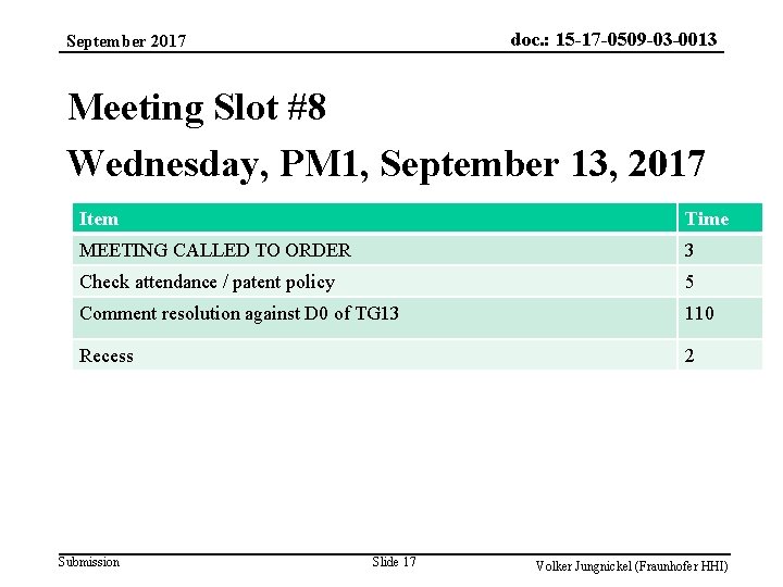 doc. : 15 -17 -0509 -03 -0013 September 2017 Meeting Slot #8 Wednesday, PM