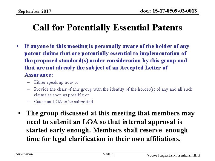 doc. : 15 -17 -0509 -03 -0013 September 2017 Call for Potentially Essential Patents