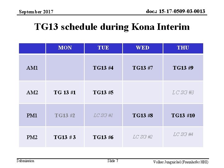 doc. : 15 -17 -0509 -03 -0013 September 2017 TG 13 schedule during Kona