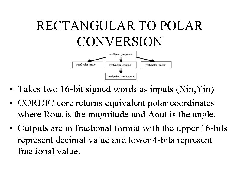 RECTANGULAR TO POLAR CONVERSION • Takes two 16 -bit signed words as inputs (Xin, RECTANGULAR TO POLAR CONVERSION • Takes two 16 -bit signed words as inputs (Xin,
