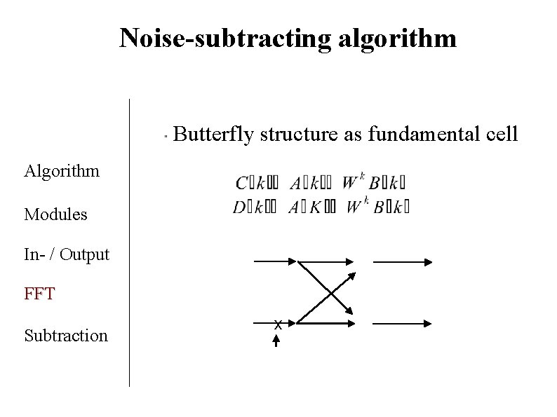 Noise-subtracting algorithm " Butterfly structure as fundamental cell Algorithm Modules In- / Output FFT Noise-subtracting algorithm " Butterfly structure as fundamental cell Algorithm Modules In- / Output FFT