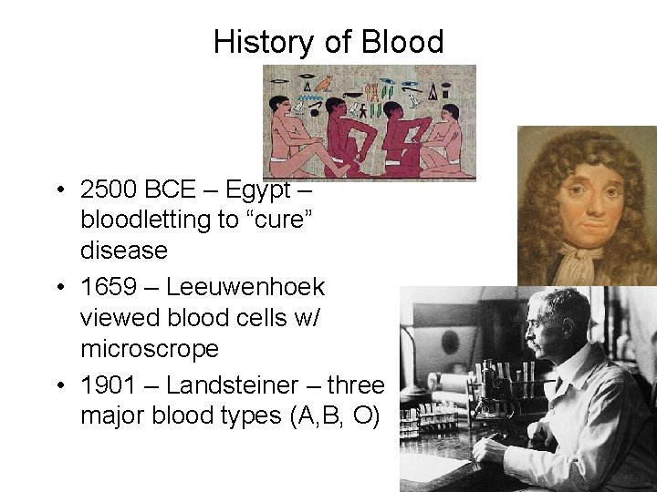 History of Blood • 2500 BCE – Egypt – bloodletting to “cure” disease •