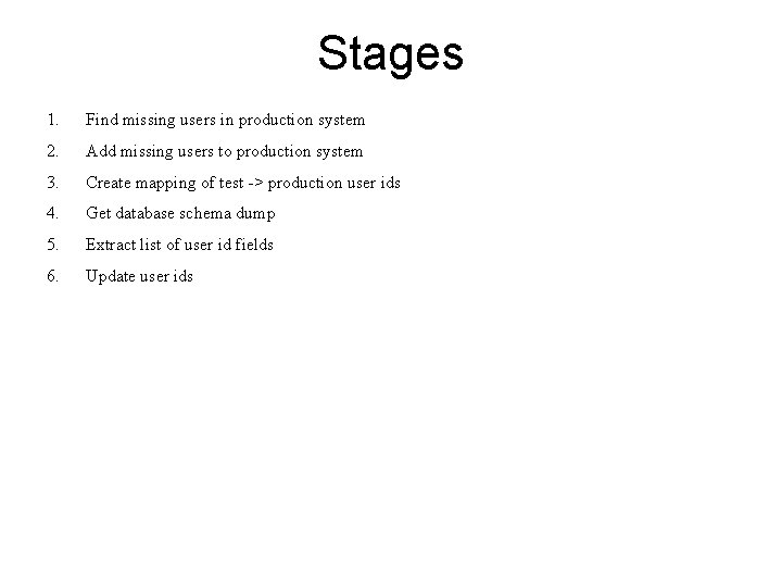 Stages 1. Find missing users in production system 2. Add missing users to production