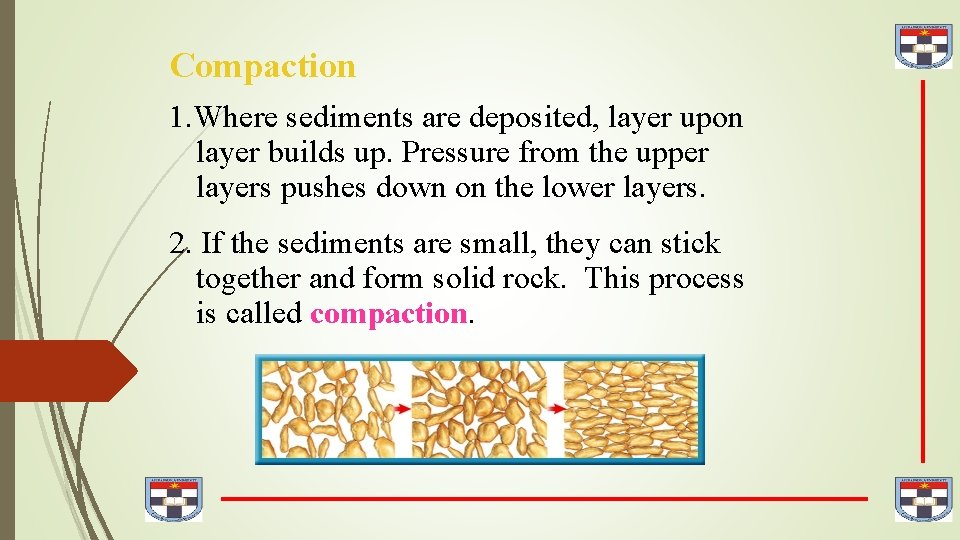 Compaction 1. Where sediments are deposited, layer upon layer builds up. Pressure from the