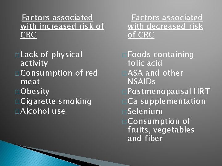 Factors associated with increased risk of CRC � Lack of physical activity � Consumption
