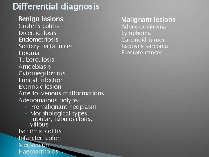 Differential diagnosis Benign lesions Crohn’s colitis Diverticulosis Endometriosis Solitary rectal ulcer Lipoma Tuberculosis Amoebiasis