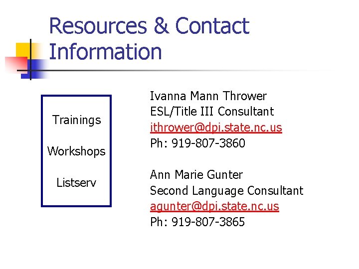 Resources & Contact Information Trainings Workshops Listserv Ivanna Mann Thrower ESL/Title III Consultant ithrower@dpi.