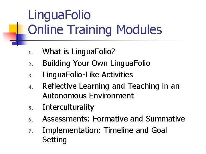 Lingua. Folio Online Training Modules 1. 2. 3. 4. 5. 6. 7. What is