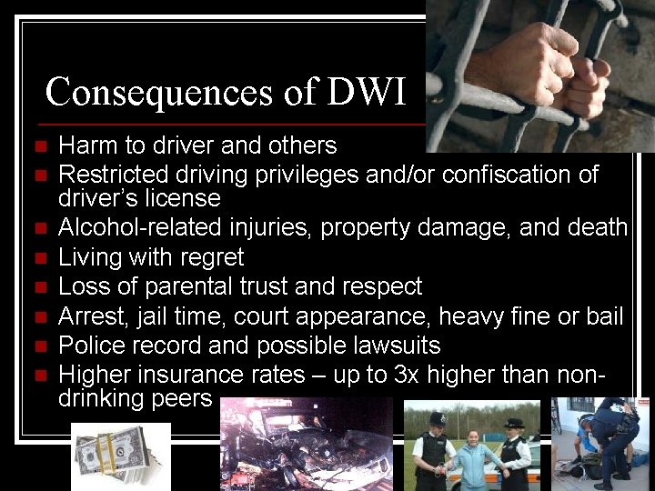 Consequences of DWI n n n n Harm to driver and others Restricted driving