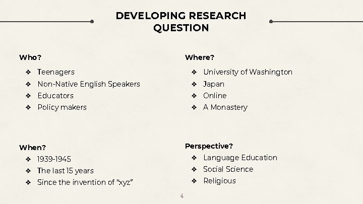 DEVELOPING RESEARCH QUESTION Who? Where? ❖ Teenagers ❖ University of Washington ❖ Non-Native English