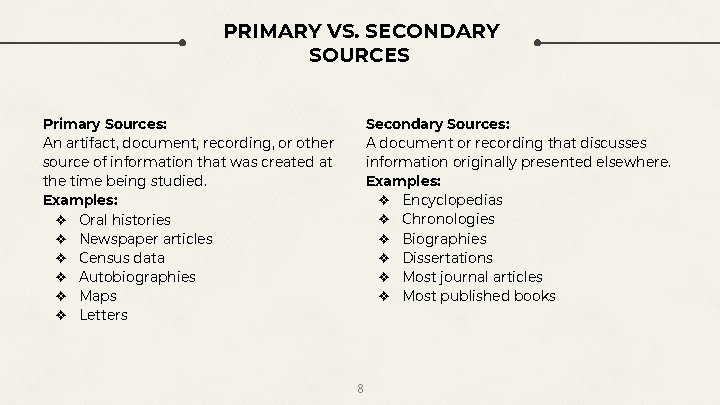 PRIMARY VS. SECONDARY SOURCES Secondary Sources: A document or recording that discusses information originally