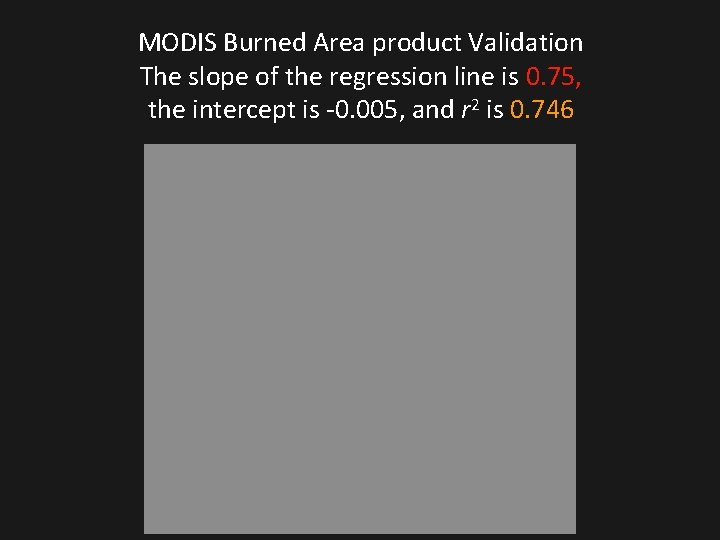 MODIS Burned Area product Validation The slope of the regression line is 0. 75,