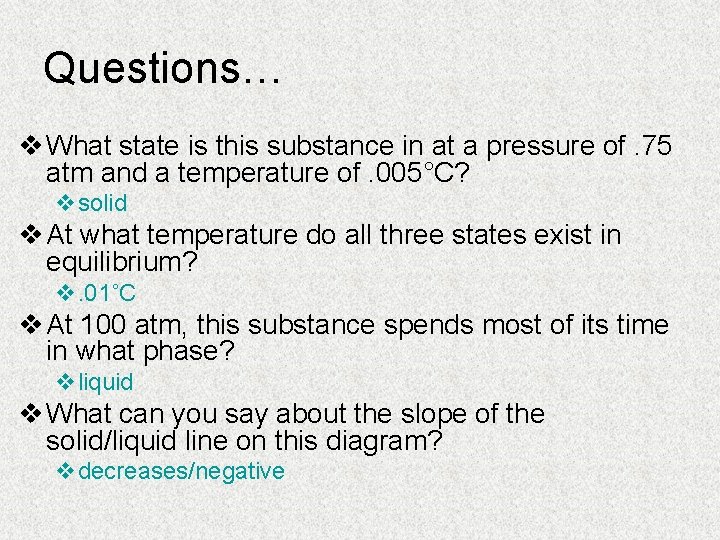 Questions… v What state is this substance in at a pressure of. 75 atm