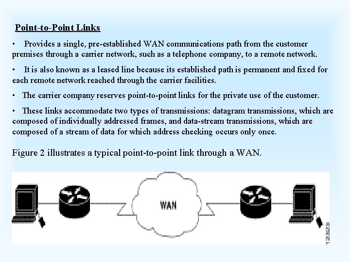 Point-to-Point Links • Provides a single, pre-established WAN communications path from the customer premises