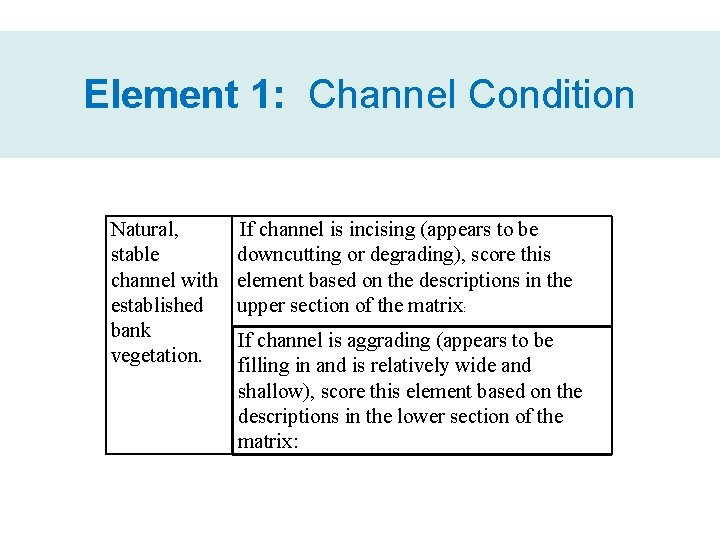 Element 1: Channel Condition Natural, stable channel with established bank vegetation. If channel is