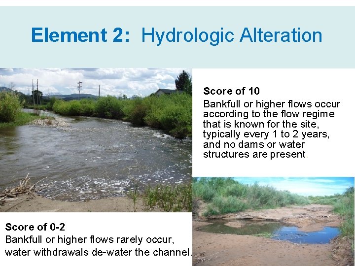 Element 2: Hydrologic Alteration Score of 10 Bankfull or higher flows occur according to